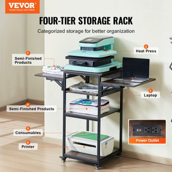 Heat Press Table with Charging Station, 4 Tier Movable Heat Press Stand, Foldable Heat Transfer Machine Stand with Wheels, Rolling Metal Workbench for Sublimation Transfer Machine, Brown