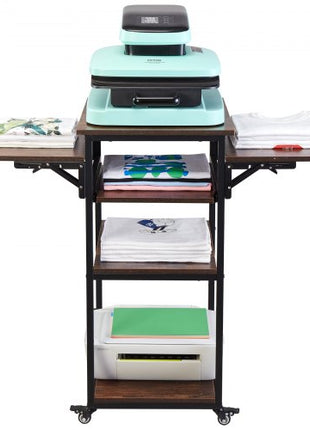 Heat Press Table with Charging Station, 4 Tier Movable Heat Press Stand, Foldable Heat Transfer Machine Stand with Wheels, Rolling Metal Workbench for Sublimation Transfer Machine, Brown