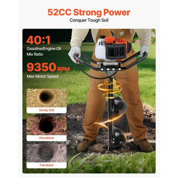 Gas Powered Post Hole Digger, 52cc Post Hole Auger with 6" & 10" Bits, 3 Extension Rods, 1450W Heavy-Duty Earth Auger for Fence Posts, Deck / Pergola Posts, Plant / Tree Planting, EPA Listed