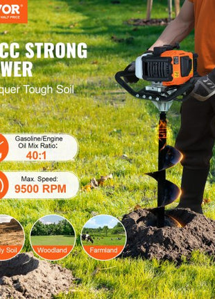 Post Hole Digger Gas Powered, 52CC 1450W Earth Auger, Gas Auger with 8 Auger Drill Action Design Bits & 1 Extension Rod, Post Fence Hole Digger for Farmland Garden Plant, Orange+Black