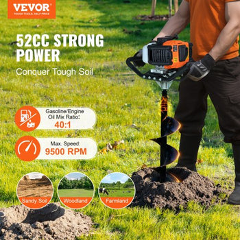Post Hole Digger Gas Powered, 52CC 1450W Earth Auger, Gas Auger with 8 Auger Drill Action Design Bits & 1 Extension Rod, Post Fence Hole Digger for Farmland Garden Plant, Orange+Black