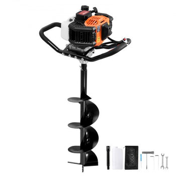 Post Hole Digger Gas Powered, 52CC 1450W Earth Auger, Gas Auger with 8 Auger Drill Action Design Bits & 1 Extension Rod, Post Fence Hole Digger for Farmland Garden Plant, Orange+Black