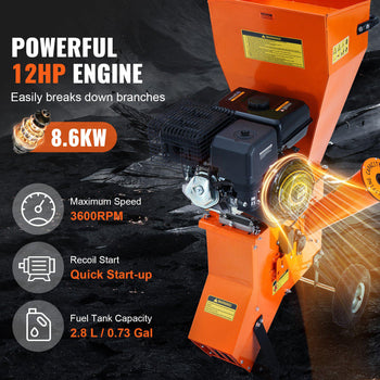 Wood Chipper Shredder Mulcher, 12 HP Heavy Duty Gas Powered, 2” Max Diameter 420cc 8.6 kW Engine Woodchipper, Fast Wood Chipping Chopping for Forestry, Gardens, Landscaping, CE/EMC/EPA Listed