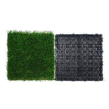 Artificial grass turf mat with dark green blades, paired with a black interlocking base for durability and easy installation.