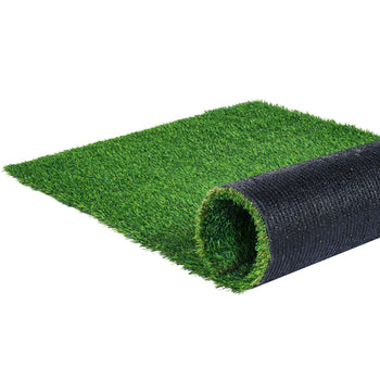 Vibrant green artificial grass roll with a black backing, ideal for landscaping and outdoor decor.