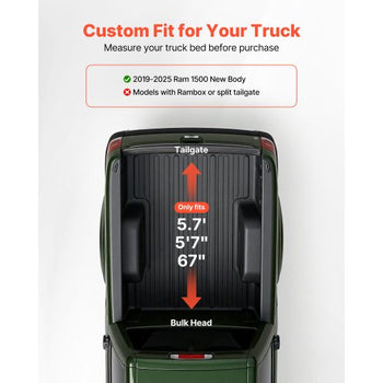 Soft Roll-Up Truck Bed Tonneau Cover, Compatible with 2019-2025 Ram 1500 New Body, Fits 5.7 ft (5 ft 7 in/67 in) Bed Without Rambox or Split Tailgate, PVC Tonneau Cover with Aluminum Alloy Bars