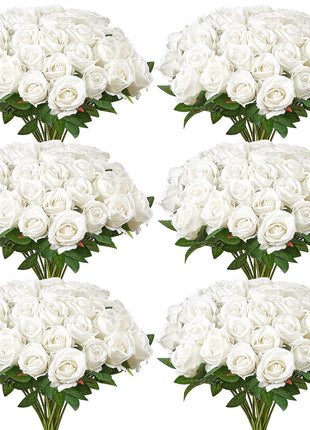 Artificial Flowers, 120 pcs Real Looking White Foam Fake Roses Bulk, White Faux Bridal Shower with Stems for DIY Wedding Bouquets, Home Centerpieces Arrangements, Party Tables Decorations