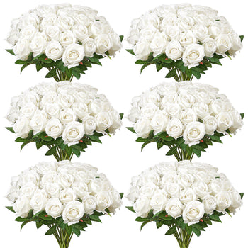 Artificial Flowers, 120 pcs Real Looking White Foam Fake Roses Bulk, White Faux Bridal Shower with Stems for DIY Wedding Bouquets, Home Centerpieces Arrangements, Party Tables Decorations