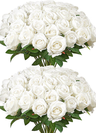 Artificial Flowers, 60 pcs Real Looking White Foam Fake Roses Bulk, White Faux Bridal Shower with Stems for DIY Wedding Bouquets, Home Centerpieces Arrangements, Party Tables Decorations