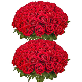 Artificial Flowers, 60 pcs Real Looking Red Foam Fake Roses Bulk, Faux Red Bridal Shower with Stems for DIY Wedding Bouquets, Home Centerpieces Arrangements, Party Tables Decorations