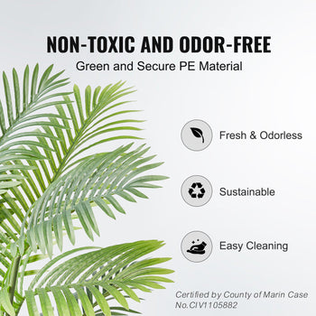 Non-toxic green PE material palm leaves, sustainable, odor-free, easy to clean for eco-friendly decor.
