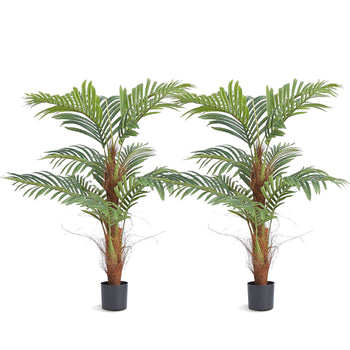 Set of 2 realistic green palm trees in black pots, perfect for adding a tropical touch to home decor.