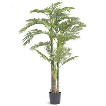 Realistic green artificial palm tree in a black pot, perfect for home or office decor.