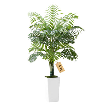 Artificial Areca Palm Tree 5 ft, Fake Palm Tropical Plants with White Tall Planter, Faux Floor Silk Plant in Pot, Large Trees for Home Office Living Room Decor House Warming, Indoor Outdoor