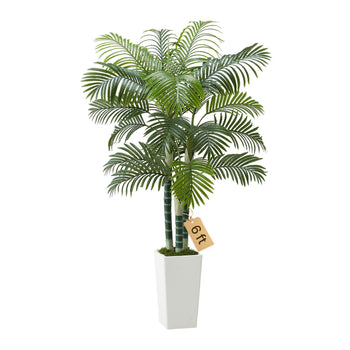 Artificial Areca Palm Tree 6 ft, Fake Palm Tropical Plants with White Tall Planter, Faux Floor Silk Plant in Pot, Large Trees for Home Office Living Room Decor House Warming, Indoor Outdoor