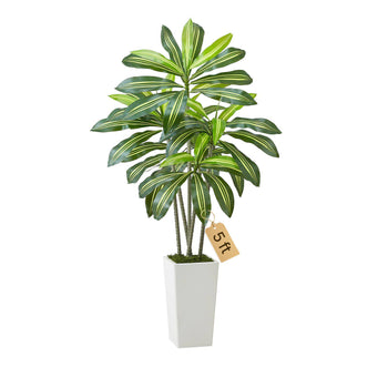 Artificial Dracaena Tree 5 ft, Fake Palm Tropical Plants with White Tall Planter, Faux Floor Silk Plant in Pot, Large Trees for Home Office Living Room Decor House Warming, Indoor Outdoor