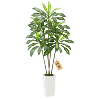 Artificial Dracaena Tree 6 ft, Fake Palm Tropical Plants with White Tall Planter, Faux Floor Silk Plant in Pot, Large Trees for Home Office Living Room Decor House Warming, Indoor Outdoor