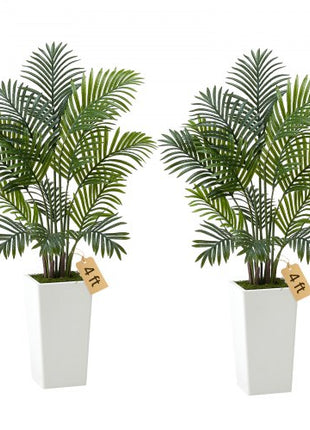Artificial Areca Palms 4 ft, 2 Pack Fake Palm Tropical Plants with White Tall Planter, Faux Floor Silk Plant in Pot, Large Tree for Home Office Living Room Decor House Warming, Indoor Outdoor