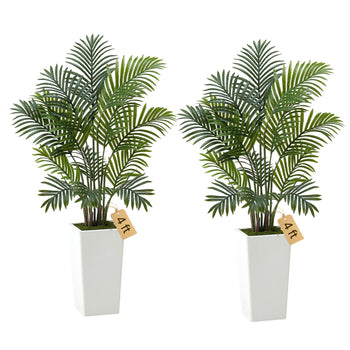 Artificial Areca Palms 4 ft, 2 Pack Fake Palm Tropical Plants with White Tall Planter, Faux Floor Silk Plant in Pot, Large Tree for Home Office Living Room Decor House Warming, Indoor Outdoor