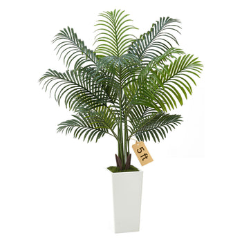 Artificial Areca Palm Tree 5 ft, Fake Palm Tropical Plants with White Tall Planter, Faux Floor Silk Plant in Pot, Large Trees for Home Office Living Room Decor House Warming, Indoor Outdoor