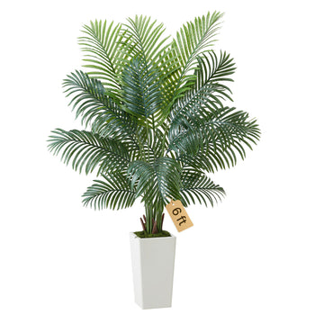 Artificial Areca Palm Tree 6 ft, Fake Palm Tropical Plants with White Tall Planter, Faux Floor Silk Plant in Pot, Large Trees for Home Office Living Room Decor House Warming, Indoor Outdoor
