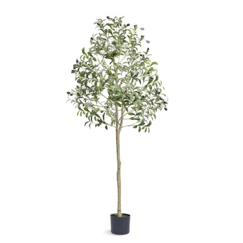Artificial olive tree in a black pot, featuring lush green leaves and realistic black olives, 5 feet tall.