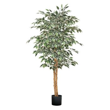 5FT Artificial Ficus Tree with Black Pot, Tall Faux Ficus Plant with Natural Wood Trunk and Realistic Green Leaves, Indoor Fake Silk Tree for Home, Office, Living Room, or Corner Décor