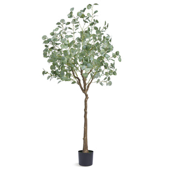 Artificial eucalyptus tree with green leaves, natural wood trunk, and black pot, perfect for home decor.