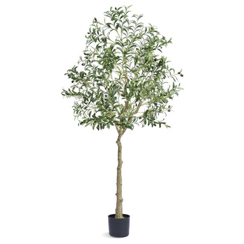 Artificial olive tree in a black pot, featuring green leaves and a realistic trunk, perfect for indoor decor.
