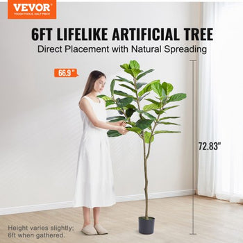 Artificial Fiddle Leaf Fig Tree, 6 FT, Secure PE Material & Anti-Tip Tilt Protection Low-Maintenance Faux Plant, Lifelike Green Fake Potted Tree for Home Office Warehouse Decor Indoor Outdoor