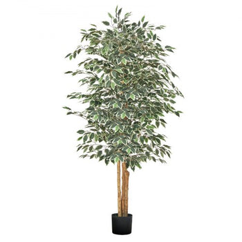 6FT Artificial Ficus Tree with Black Pot, Tall Faux Ficus Plant with Natural Wood Trunk and Realistic Green Leaves, Indoor Fake Silk Tree for Home, Office, Living Room, or Corner Décor