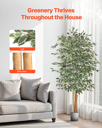 6FT Artificial Ficus Tree with Black Pot, Tall Faux Ficus Plant with Natural Wood Trunk and Realistic Green Leaves, Indoor Fake Silk Tree for Home, Office, Living Room, or Corner Décor