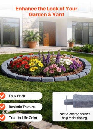 Faux Stone Landscape Edging, 15.5 ft Kit, No Dig Garden Edging Border, Blocks for Lawn, Flower Beds, Yards, 4 Pack Each Section Has 6 Bricks 46.46"L x 3.74"W x 2.24"H, 12 Spikes & End Cap, Gray