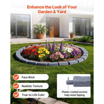 Faux Stone Landscape Edging, 15.5 ft Kit, No Dig Garden Edging Border, Blocks for Lawn, Flower Beds, Yards, 4 Pack Each Section Has 6 Bricks 46.46"L x 3.74"W x 2.24"H, 12 Spikes & End Cap, Gray