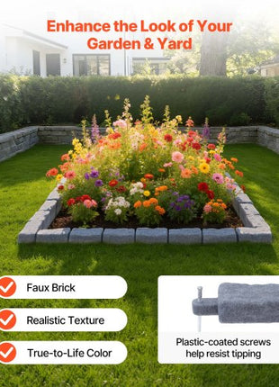 Faux Stone Landscape Edging, 15.5 ft Kit, No Dig Garden Edging Border, Blocks for Lawn, Flower Beds, Yard, 4 Pack Each Section Has 6 Bricks 46.46"L x 3.74"W x 2.24"H, 16 Spikes & 4 Corners, Gray