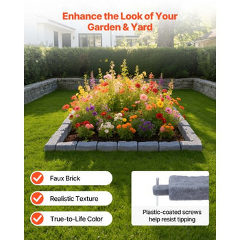 Faux Stone Landscape Edging, 15.5 ft Kit, No Dig Garden Edging Border, Blocks for Lawn, Flower Beds, Yard, 4 Pack Each Section Has 6 Bricks 46.46"L x 3.74"W x 2.24"H, 16 Spikes & 4 Corners, Gray