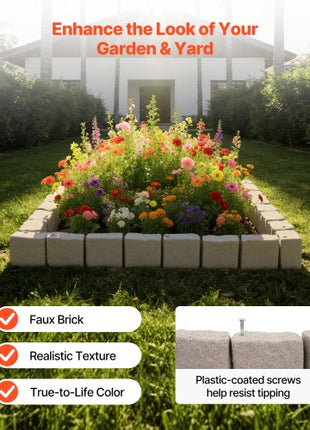 Faux Stone Landscape Edging, 15.5 ft Kit, No Dig Garden Edging Border, Blocks for Lawn, Flower Beds, Yard, 4 Pack Each Section Has 6 Bricks 46.85"L x 3.94"W x 6.1"H, 12 Spikes & 4 Corners, Beige