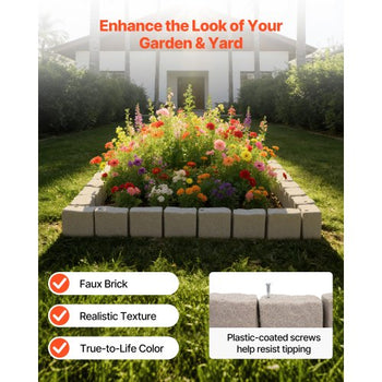 Faux Stone Landscape Edging, 15.5 ft Kit, No Dig Garden Edging Border, Blocks for Lawn, Flower Beds, Yard, 4 Pack Each Section Has 6 Bricks 46.85"L x 3.94"W x 6.1"H, 12 Spikes & 4 Corners, Beige