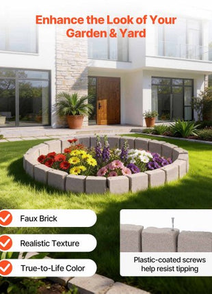 Faux Stone Landscape Edging, 15.5 ft Kit, No Dig Garden Edging Border, Blocks for Lawn, Flower Beds, Yards, 4 Pack Each Section Has 6 Bricks 46.85"L x 3.94"W x 6.1"H, 9 Spikes & End Cap, Beige