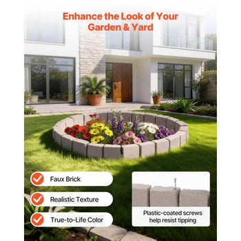 Faux Stone Landscape Edging, 15.5 ft Kit, No Dig Garden Edging Border, Blocks for Lawn, Flower Beds, Yards, 4 Pack Each Section Has 6 Bricks 46.85"L x 3.94"W x 6.1"H, 9 Spikes & End Cap, Beige