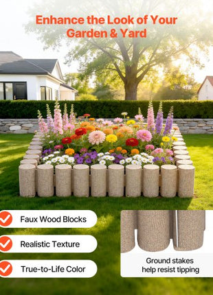 Faux Wood Landscape Edging, 13.7 ft Kit, No Dig Garden Edging Border, Blocks for Lawn, Flower Beds, Pathways, Yards, 4 Pack Each Section Has 10 Logs 41.14"L x 3.74"W x 7.48"H, 32 Spikes, Beige