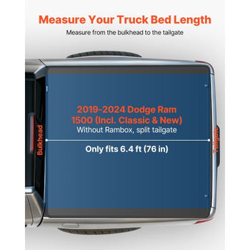 Soft Quad-Fold Truck Bed Tonneau Cover, Compatible with 2019-2024 Dodge Ram 1500 (Incl. Classic & New) 6.4 ft (76 in) Bed Without Rambox, Split Tailgate, Waterproof Folding Truck Tonneau Cover