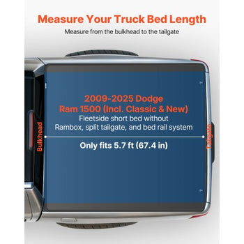 Soft Tri-Fold Truck Bed Tonneau Cover, Compatible with 2009-2025 Dodge Ram 1500 (Incl. Classic & New) 5.7 ft (67.4 in) Bed, Fleetside Without Rambox, Split Tailgate, and Track System, Waterproof