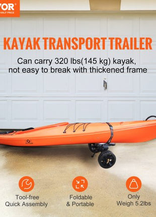Heavy Duty Kayak Cart, 320lbs Load Capacity, Detachable Canoe Trolley Cart with 10'' Solid Tires, Adjustable Brackets & Nonslip Support Foot, for Kayaks Canoes Paddleboards Float Mats Jon Boats