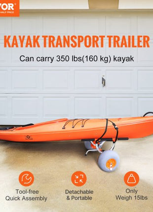 Heavy Duty Kayak Cart, Foldable Canoe Trolley Cart with 12'' Tires, Adjustable Width 6.69"-17.32",350 Lb Weight Capacity Kayak Trolley for Kayaks Canoes Paddleboards Float Mats Jon Boats