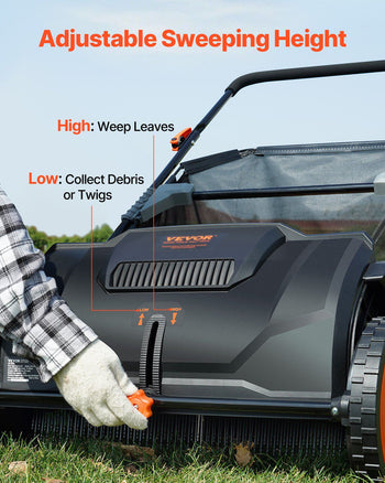 Adjustable black lawn sweeper with orange accents for weeding and debris collection, featuring a user-friendly height adjustment.