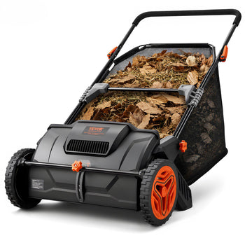 Black and orange lawn sweeper with large collection bag filled with leaves, durable design for efficient yard cleaning.