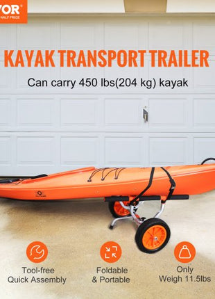 Heavy Duty Kayak Cart, 450lbs Load Capacity, Detachable Canoe Trolley Cart with 12'' Solid Tires, Adjustable Width & Nonslip Support Foot, for Kayaks Canoes Paddleboards Float Mats Jon Boats