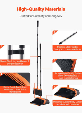 Broom and Dustpan Set, Heavy Duty Dustpan and Broom Combo with Self-Cleaning Teeth, Metal Upright Standing Dust Pan with Long Handle, Ideal for Home, Restaurant, Office, Dorm, Black+Orange