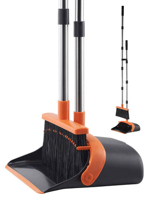 Broom and Dustpan Set, Heavy Duty Dustpan and Broom Combo with Self-Cleaning Teeth, Metal Upright Standing Dust Pan with Long Handle, Ideal for Home, Restaurant, Office, Dorm, Black+Orange